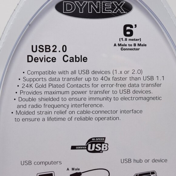 Dynex USB 2.0. Device Cable 6 Feet A Male to B Male Connector New Office School - Picture 5 of 6